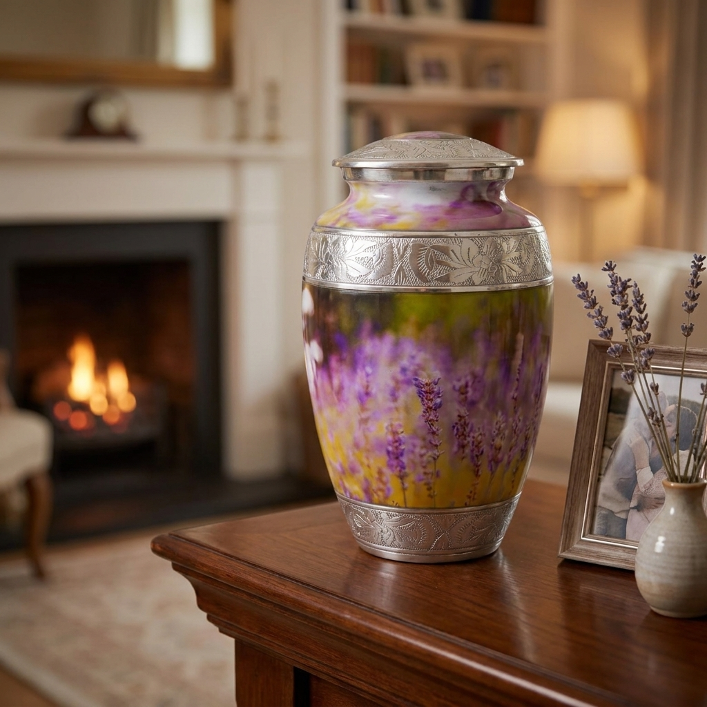 Adult Cremation Urn Purple Flower Design with Velvet Bag (Product Code: NUPSE-A)