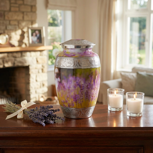 Adult Cremation Urn Purple Flower Design with Velvet Bag (Product Code: NUPSE-A)