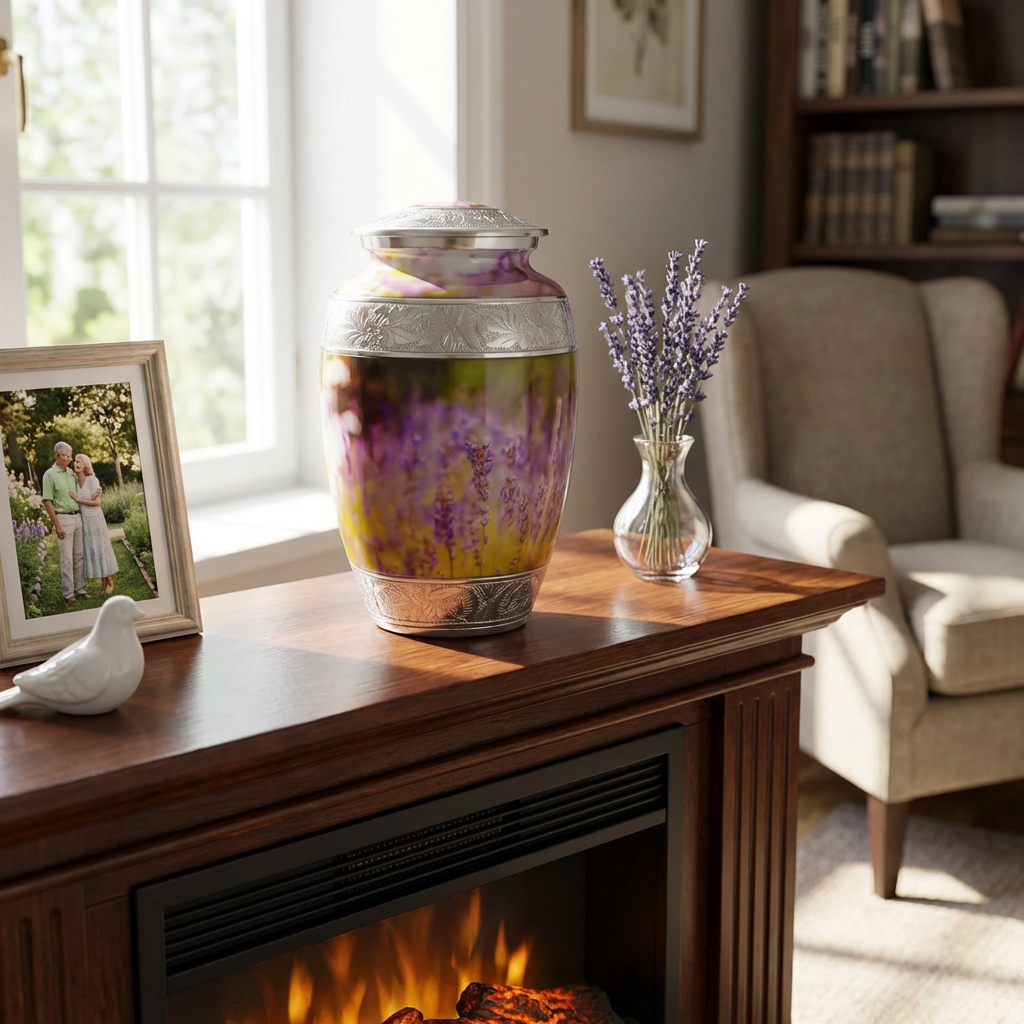 Adult Cremation Urn Purple Flower Design with Velvet Bag (Product Code: NUPSE-A)