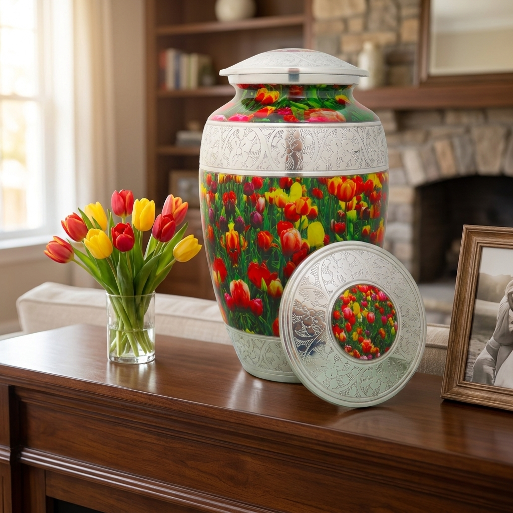 Adult Cremation Urn Red Purple and Yellow Tulip Design with velvet bag - (Product Code: NUPO-A)