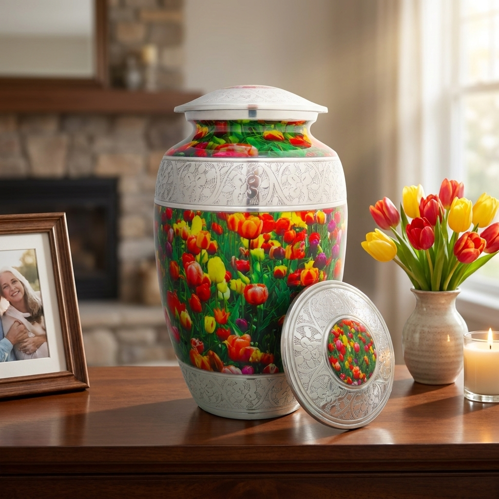 Adult Cremation Urn Red Purple and Yellow Tulip Design with velvet bag - (Product Code: NUPO-A)