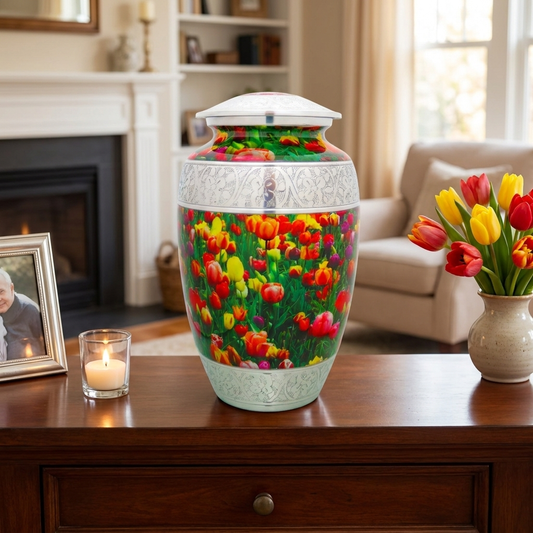 Adult Cremation Urn Red Purple and Yellow Tulip Design with velvet bag - (Product Code: NUPO-A)