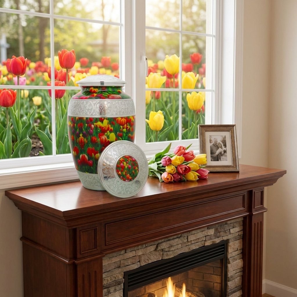 Adult Cremation Urn Red Purple and Yellow Tulip Design with velvet bag - (Product Code: NUPO-A)
