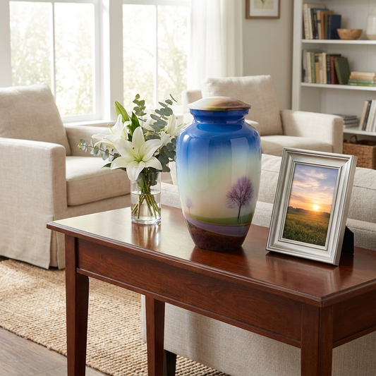 Adult Cremation Urn Serene Roadside Trees Design in Gloss Blue Finish (Product Code: NURTS)