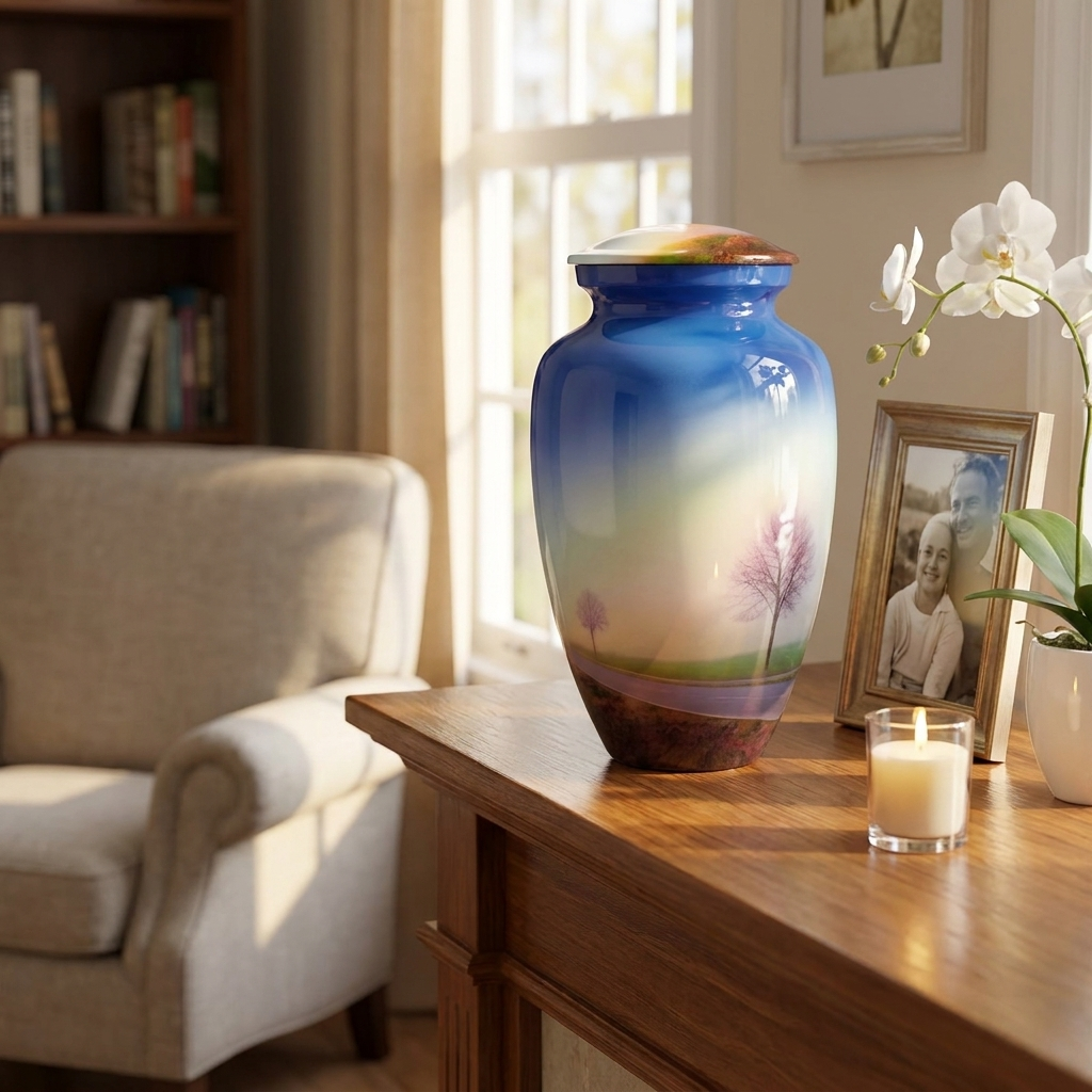 Adult Cremation Urn Serene Roadside Trees Design in Gloss Blue Finish (Product Code: NURTS)