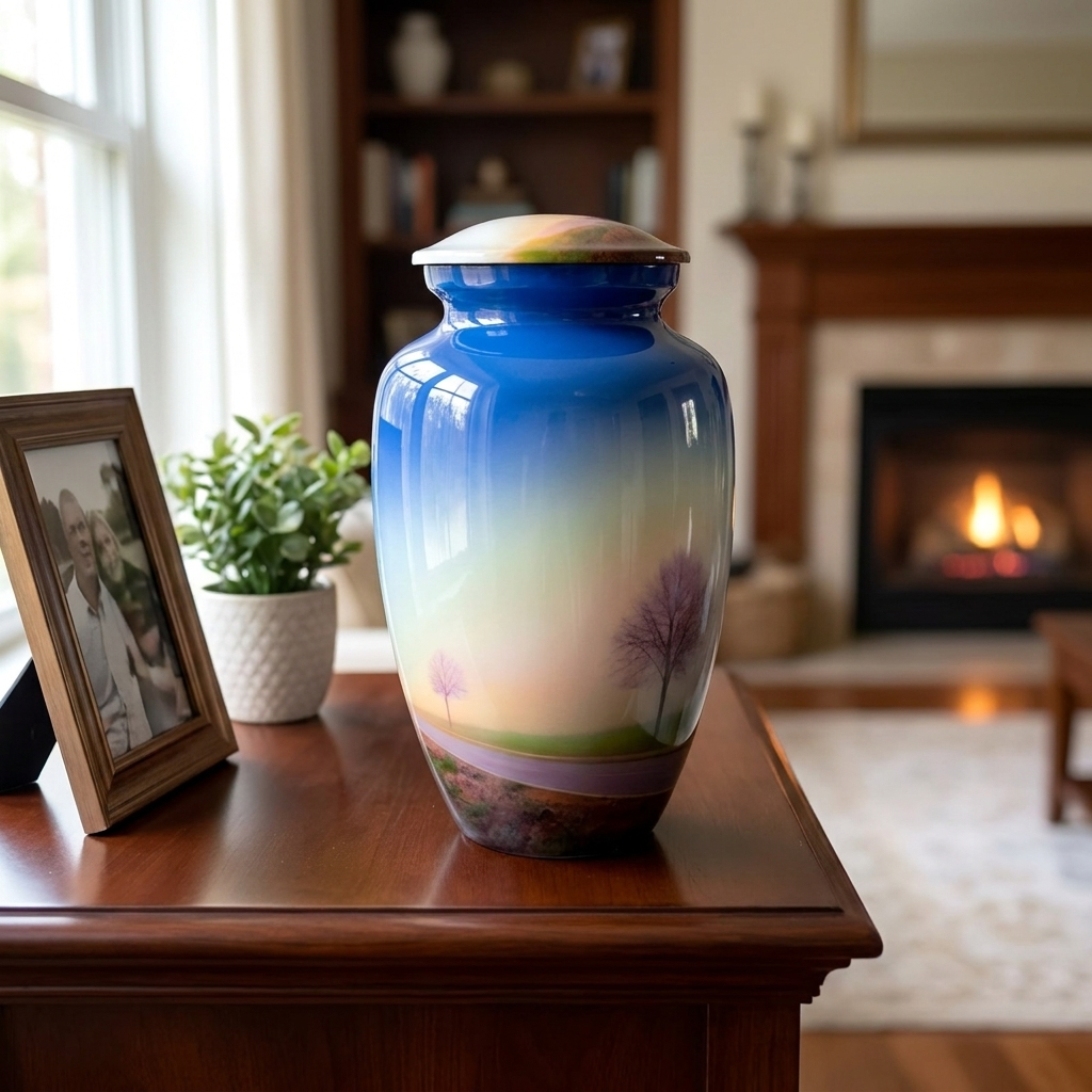 Adult Cremation Urn Serene Roadside Trees Design in Gloss Blue Finish (Product Code: NURTS)