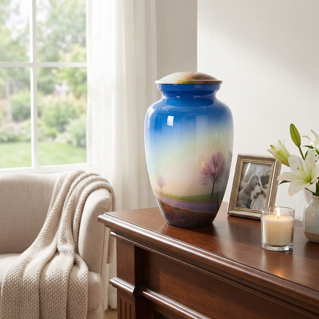 Adult Cremation Urn Serene Roadside Trees Design in Gloss Blue Finish (Product Code: NURTS)