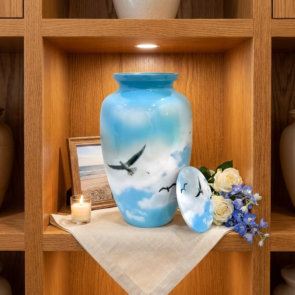 Adult Cremation Urn Soaring Birds in Sky Design with Gloss Blue Finish (Product Code: NUSCB)