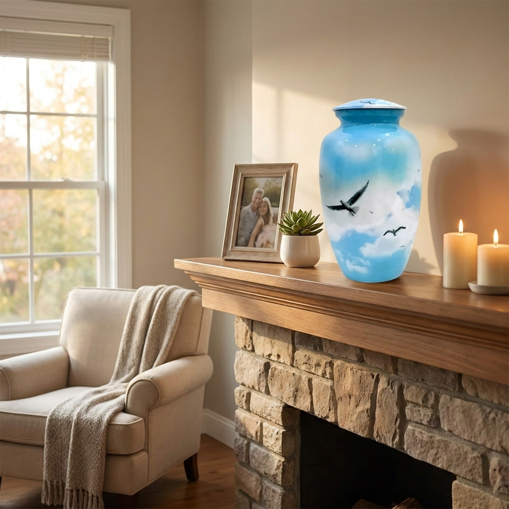 Adult Cremation Urn Soaring Birds in Sky Design with Gloss Blue Finish (Product Code: NUSCB)