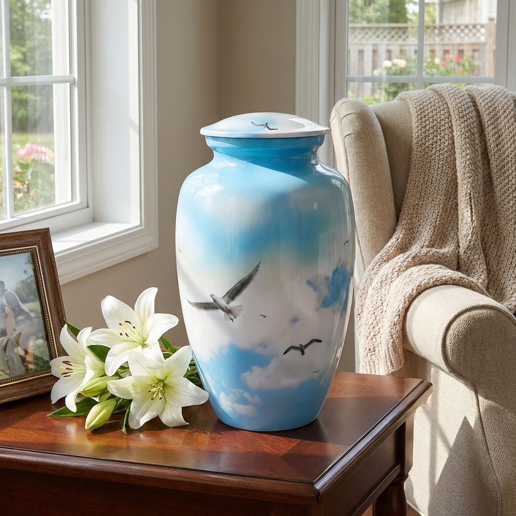 Adult Cremation Urn Soaring Birds in Sky Design with Gloss Blue Finish (Product Code: NUSCB)
