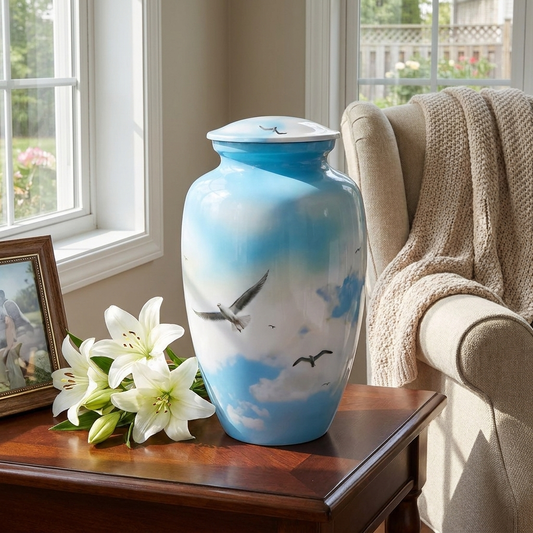 Adult Cremation Urn Soaring Birds in Sky Design with Gloss Blue Finish (Product Code: NUSCB)