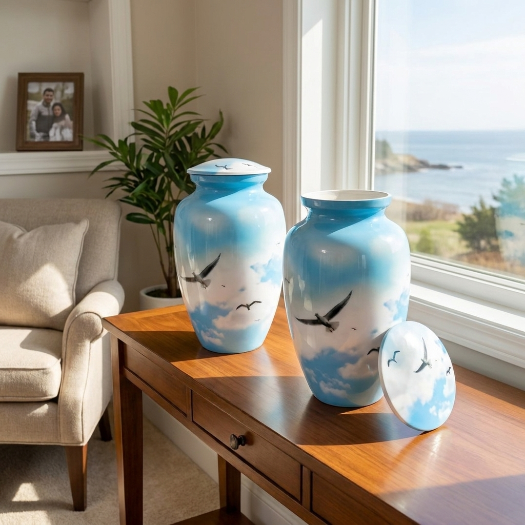 Adult Cremation Urn Soaring Birds in Sky Design with Gloss Blue Finish (Product Code: NUSCB)
