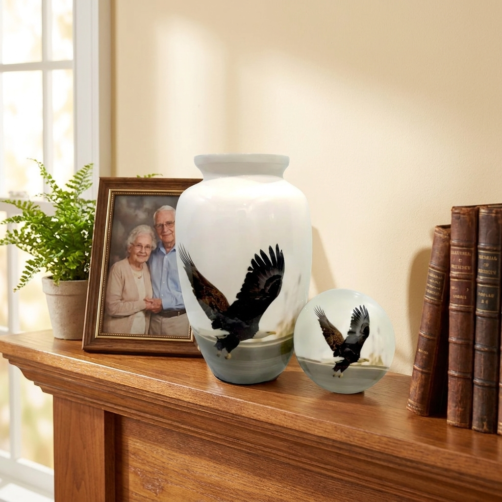 Adult Cremation Urn Soaring Eagle Design in Gloss White Aluminum Finish (Product Code NUABE)