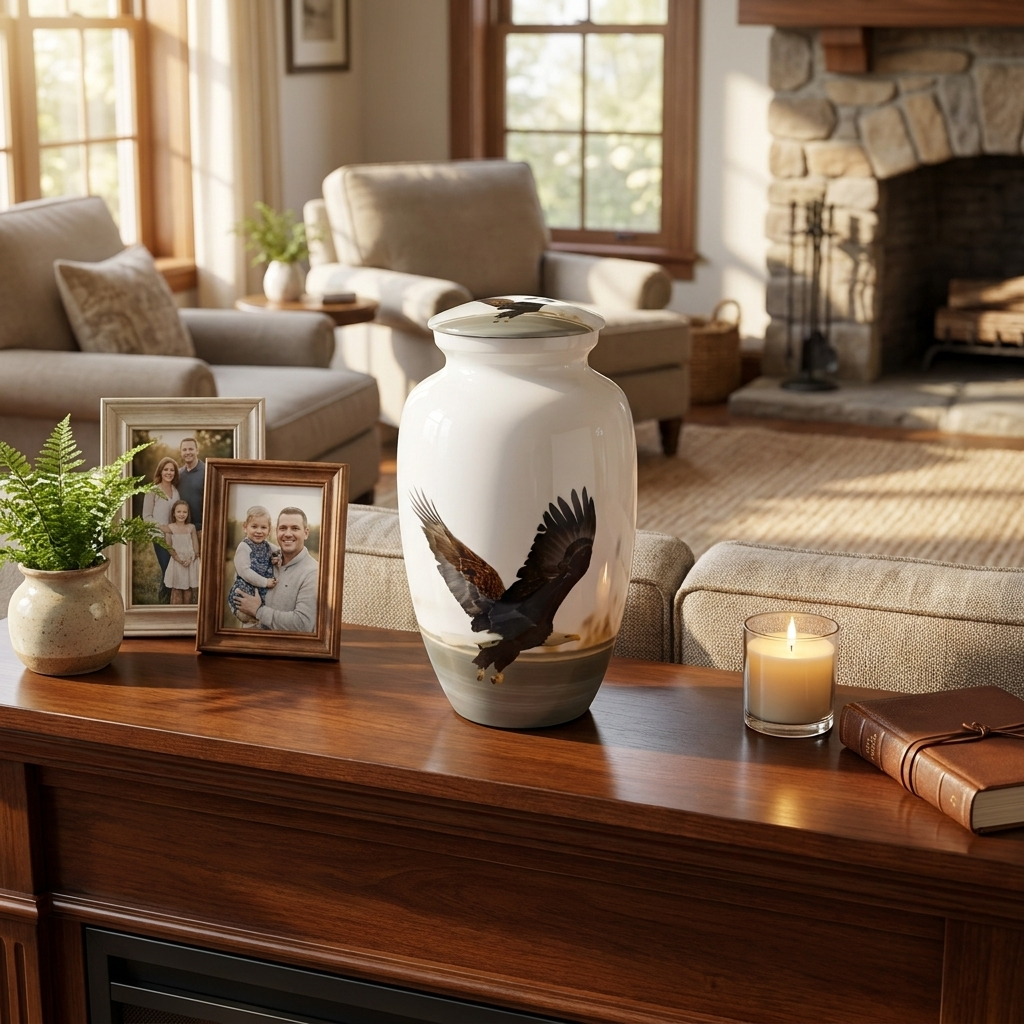Adult Cremation Urn Soaring Eagle Design in Gloss White Aluminum Finish (Product Code NUABE)