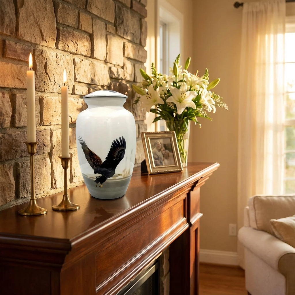 Adult Cremation Urn Soaring Eagle Design in Gloss White Aluminum Finish (Product Code NUABE)