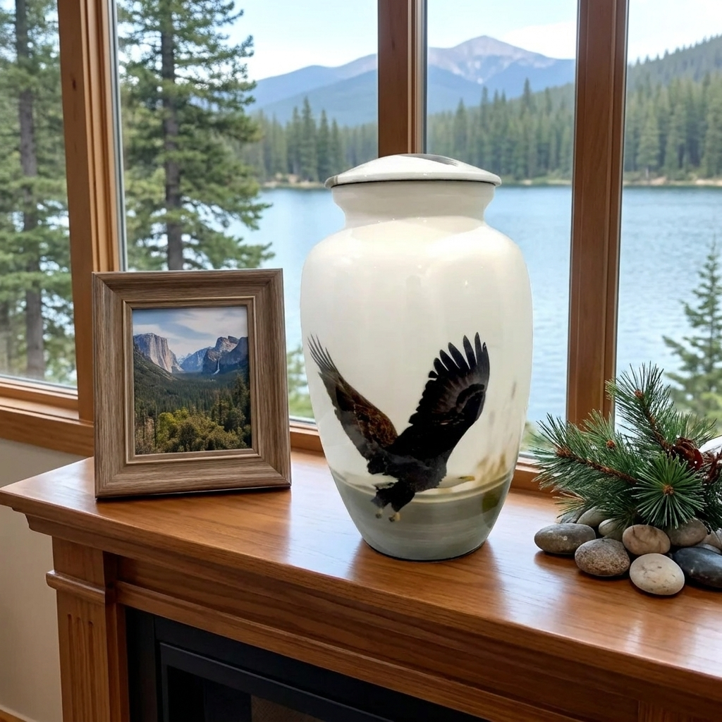 Adult Cremation Urn Soaring Eagle Design in Gloss White Aluminum Finish (Product Code NUABE)