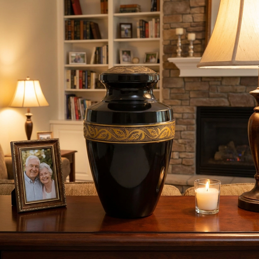 Adult Cremation Urn Solid Black & Golden Engraved Design with Velvet Bag (Product Code NUEBE-A)