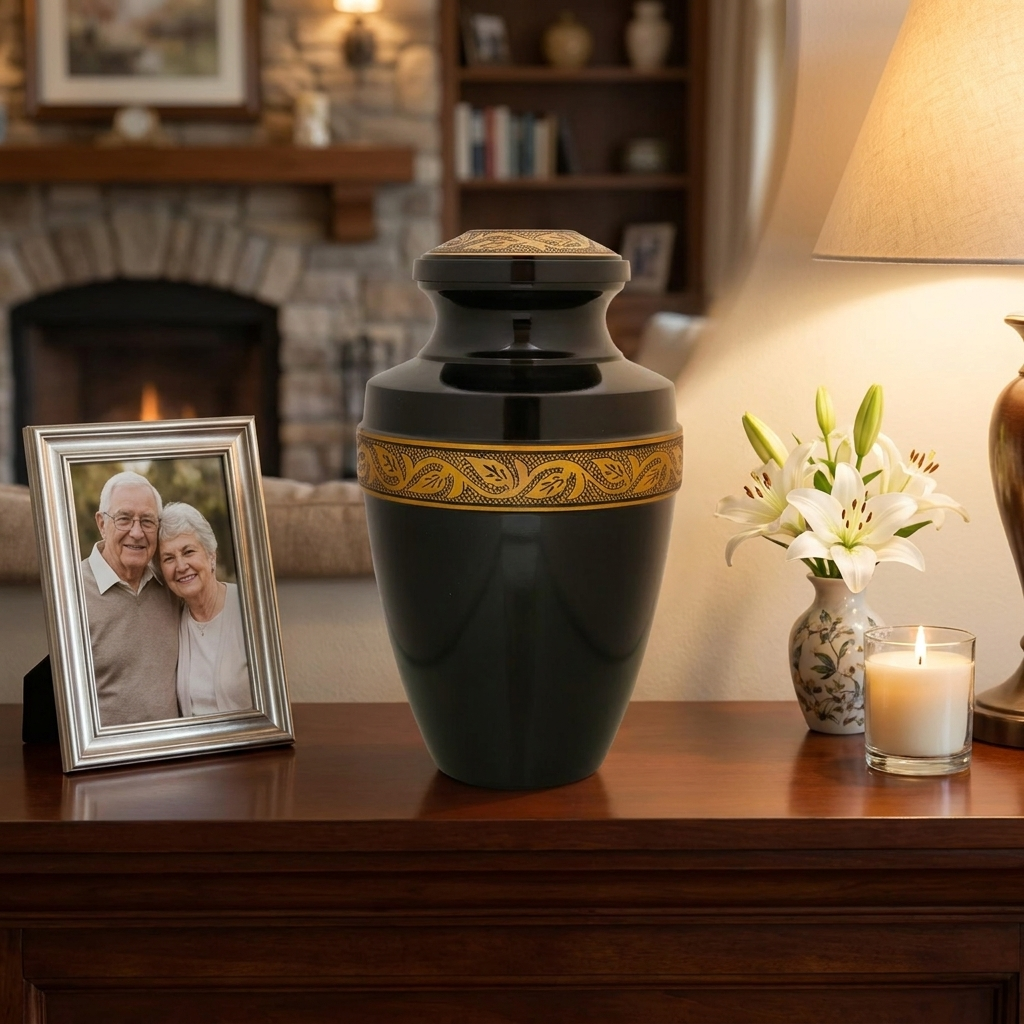 Adult Cremation Urn Solid Black & Golden Engraved Design with Velvet Bag (Product Code NUEBE-A)
