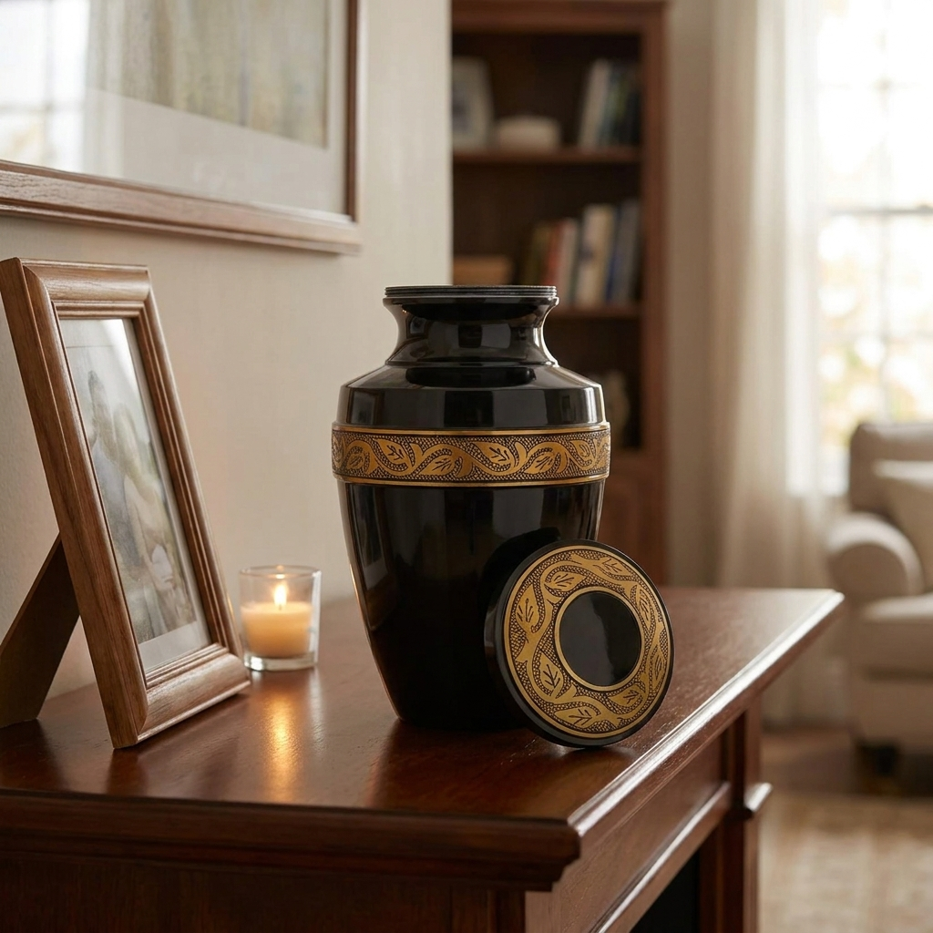 Adult Cremation Urn Solid Black & Golden Engraved Design with Velvet Bag (Product Code NUEBE-A)