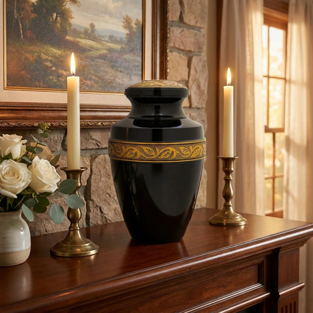 Adult Cremation Urn Solid Black & Golden Engraved Design with Velvet Bag (Product Code NUEBE-A)
