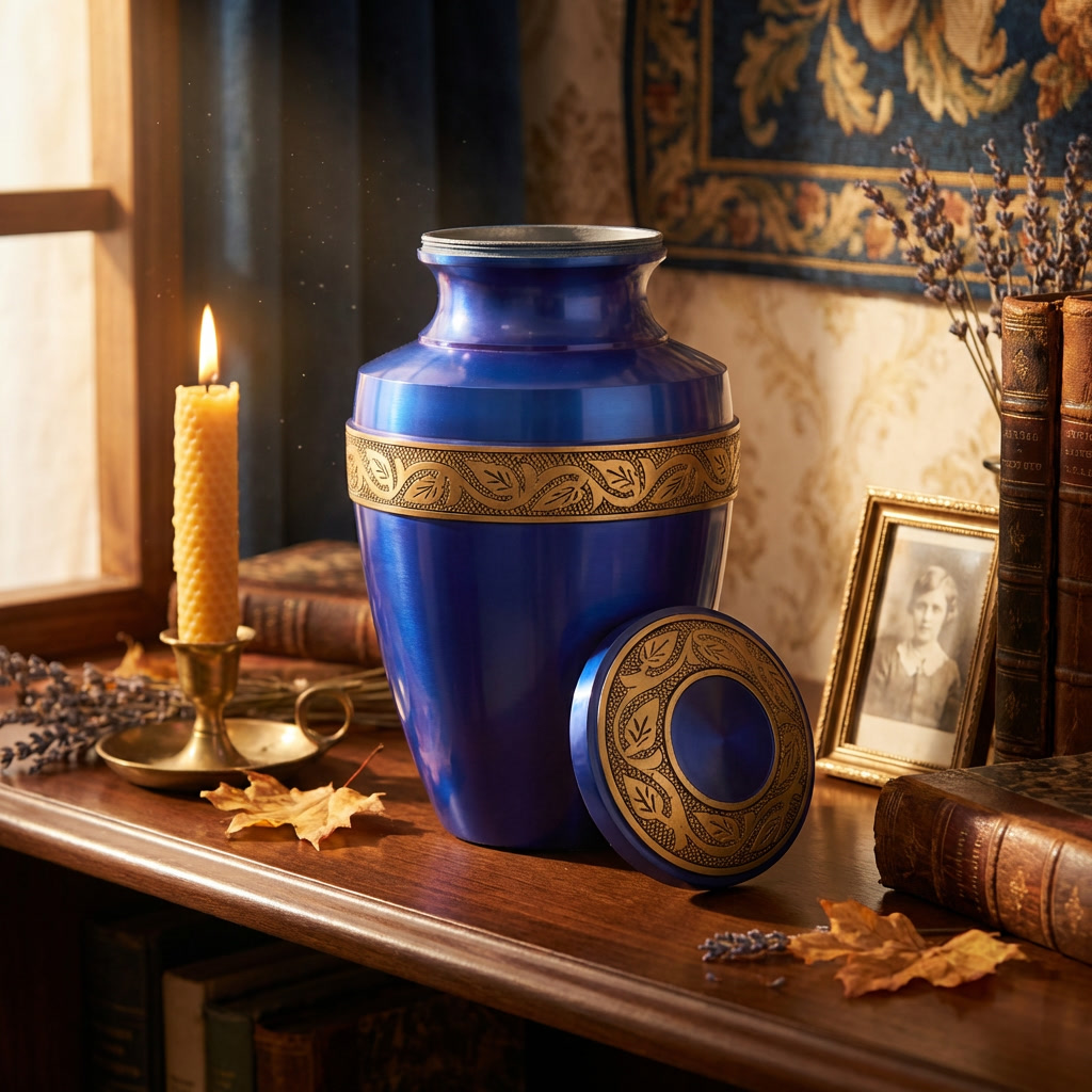 Adult Cremation Urn Solid Blue & Golden Engraved Design with Velvet Bag (Product Code NUABE-A)