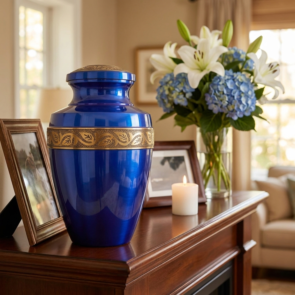 Adult Cremation Urn Solid Blue & Golden Engraved Design with Velvet Bag (Product Code NUABE-A)