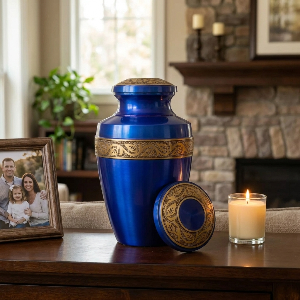 Adult Cremation Urn Solid Blue & Golden Engraved Design with Velvet Bag (Product Code NUABE-A)