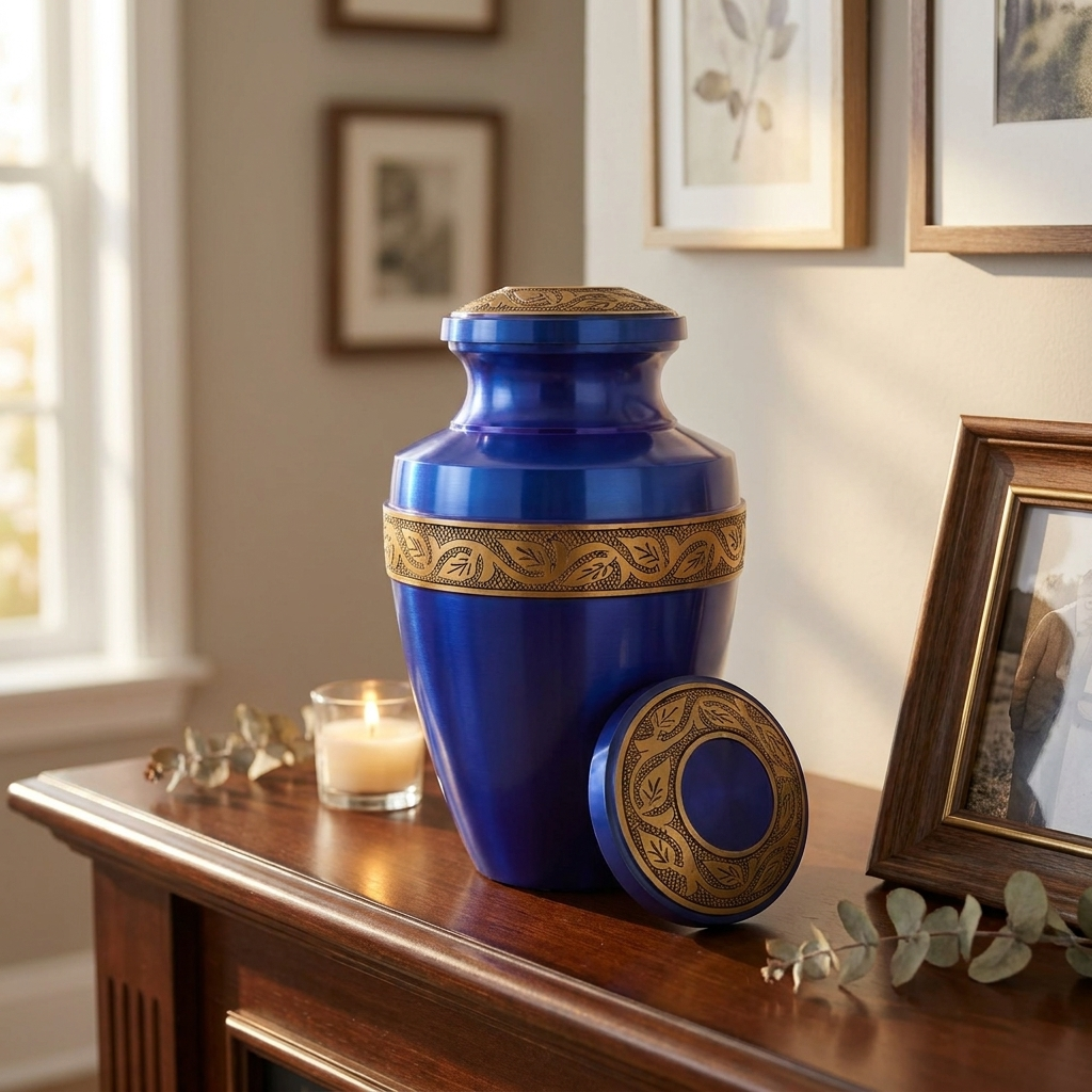 Adult Cremation Urn Solid Blue & Golden Engraved Design with Velvet Bag (Product Code NUABE-A)