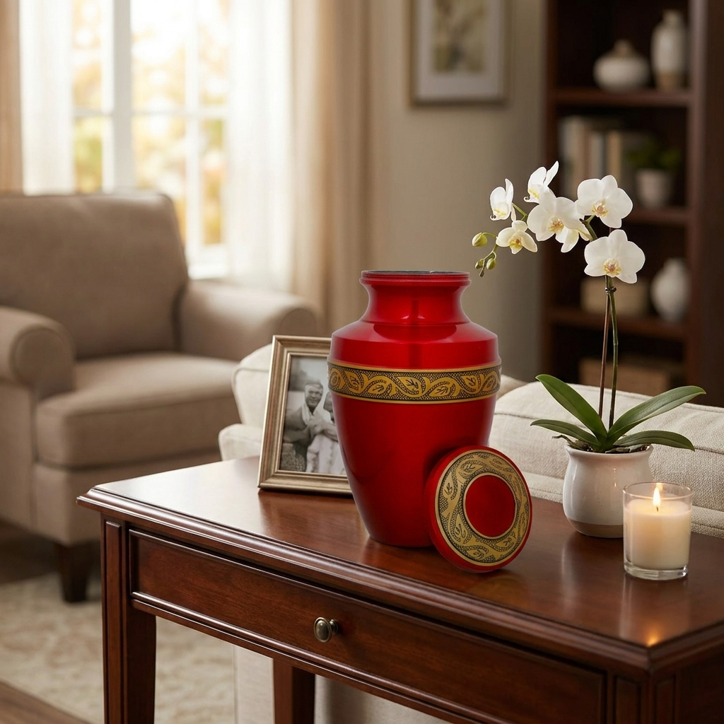 Adult Cremation Urn Solid Red & Golden Engraved Design with velvet bag (Product Code NUARE-A)