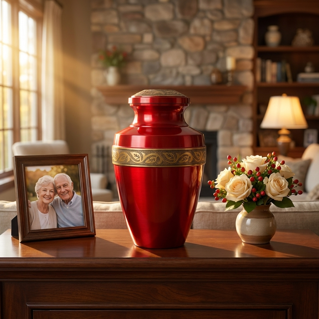 Adult Cremation Urn Solid Red & Golden Engraved Design with velvet bag (Product Code NUARE-A)