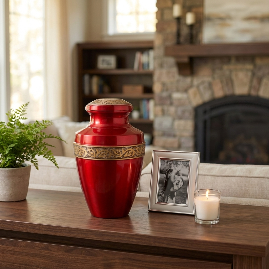 Adult Cremation Urn Solid Red & Golden Engraved Design with velvet bag (Product Code NUARE-A)