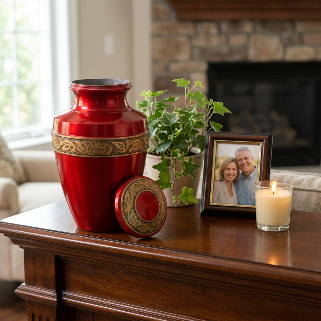 Adult Cremation Urn Solid Red & Golden Engraved Design with velvet bag (Product Code NUARE-A)