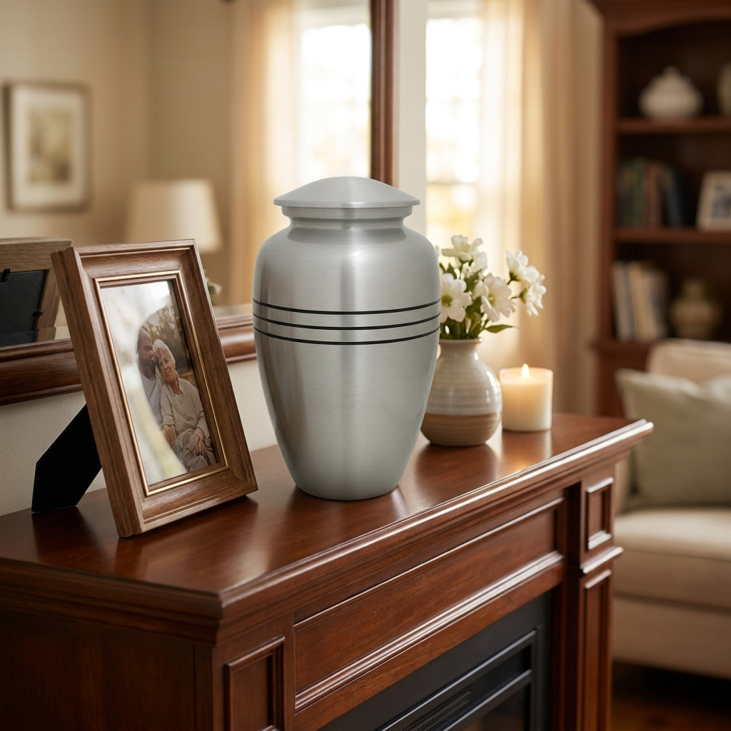 Adult Cremation Urn Solid Silver & Three Black Stripes with velvet bag (Product Code NUSTBS-A)