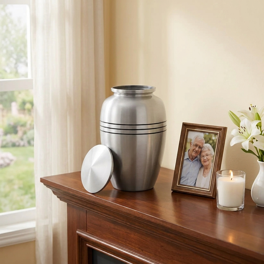 Adult Cremation Urn Solid Silver & Three Black Stripes with velvet bag (Product Code NUSTBS-A)
