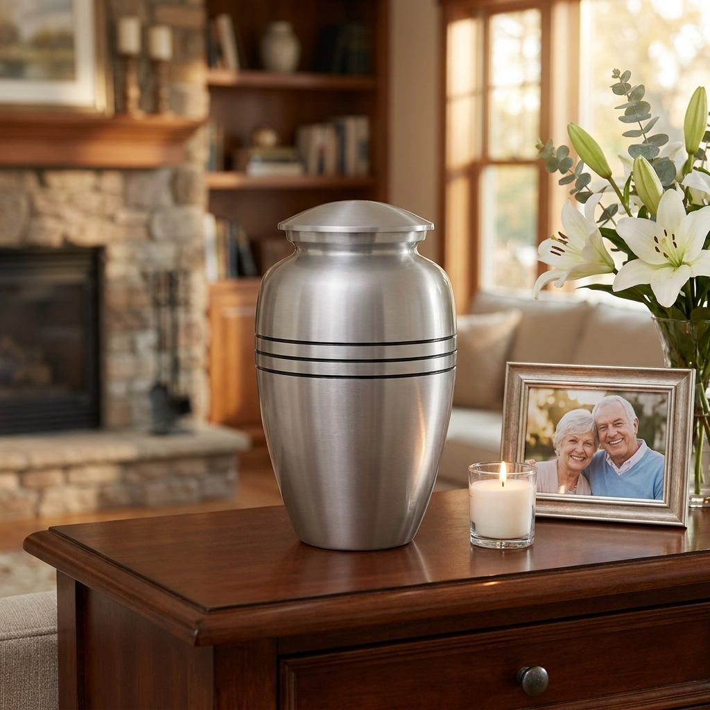 Adult Cremation Urn Solid Silver & Three Black Stripes with velvet bag (Product Code NUSTBS-A)