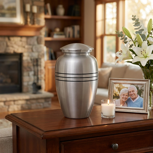 Adult Cremation Urn Solid Silver & Three Black Stripes with velvet bag (Product Code NUSTBS-A)