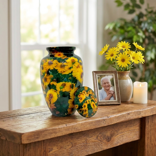 Adult Cremation Urn Sunflower Blossom Design in Gloss Finish (Product Code: NUSUNF)