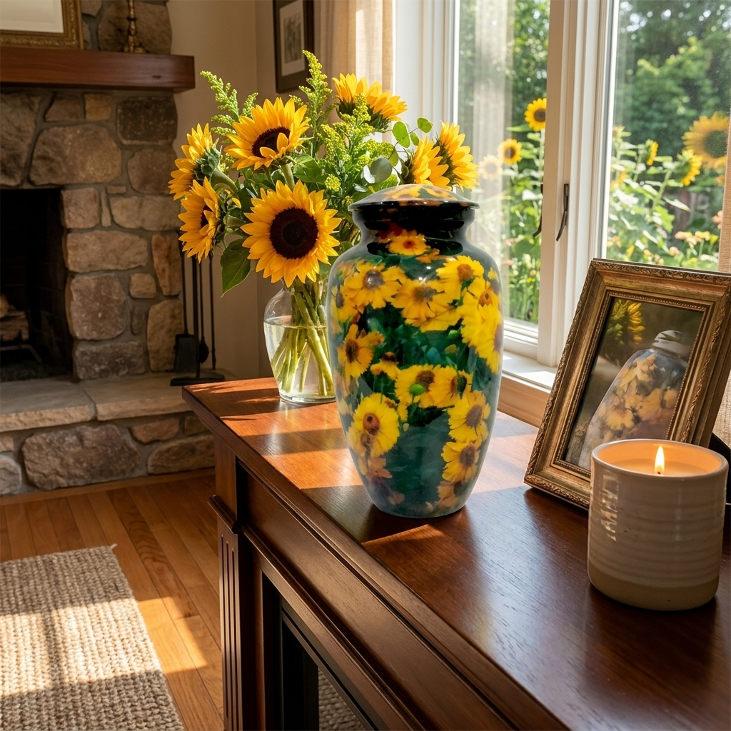 Adult Cremation Urn Sunflower Blossom Design in Gloss Finish (Product Code: NUSUNF)