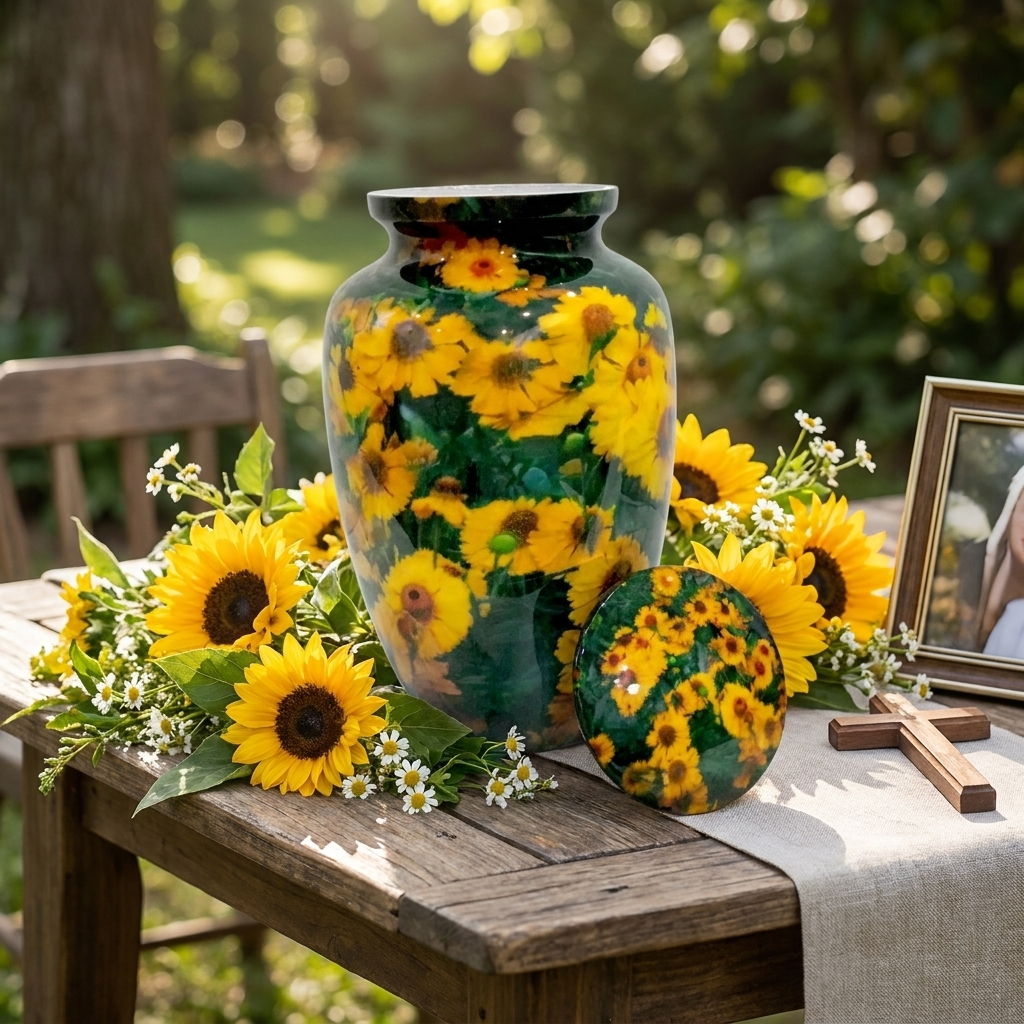 Adult Cremation Urn Sunflower Blossom Design in Gloss Finish (Product Code: NUSUNF)