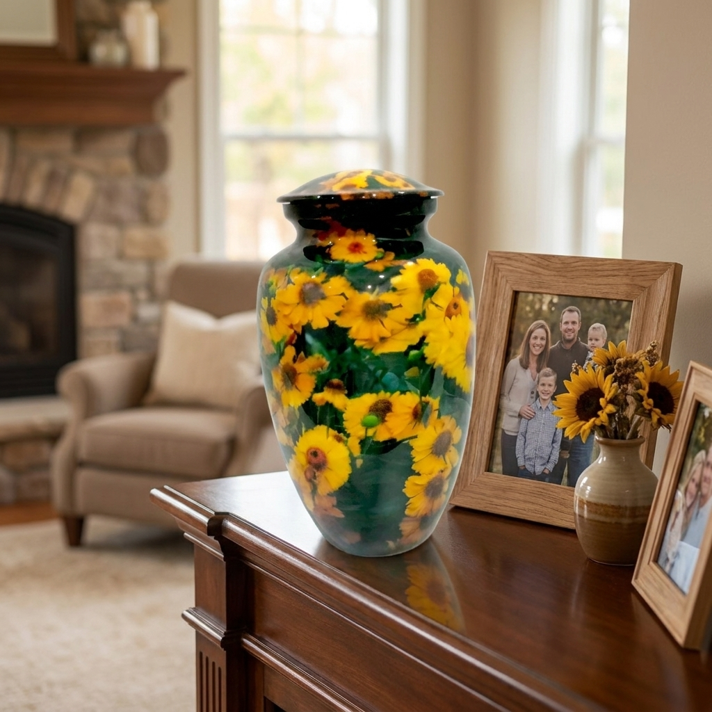 Adult Cremation Urn Sunflower Blossom Design in Gloss Finish (Product Code: NUSUNF)