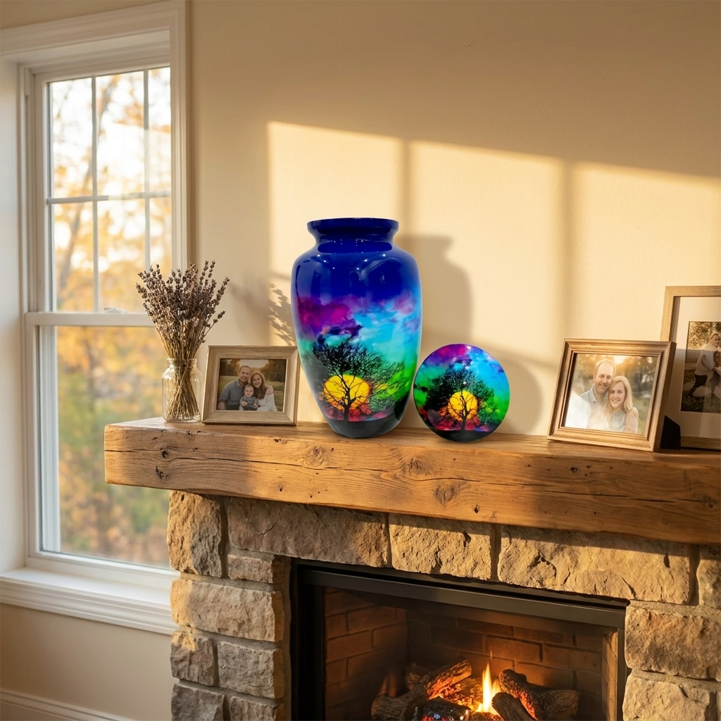 Adult Cremation Urn Sunset and Tree Silhouette with Colorful Sky Design (Product Code: NUTSAS)