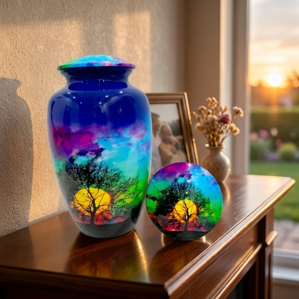 Adult Cremation Urn Sunset and Tree Silhouette with Colorful Sky Design (Product Code: NUTSAS)
