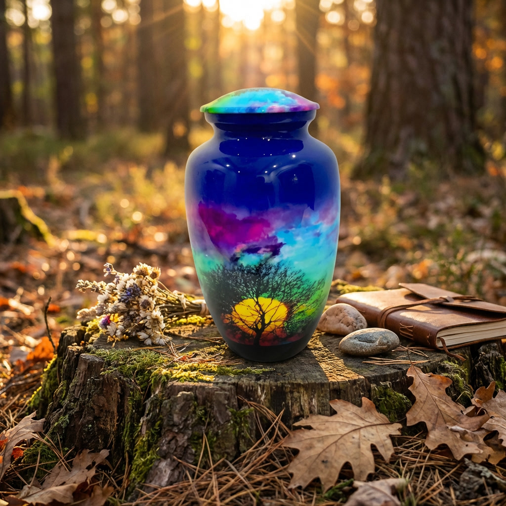 Adult Cremation Urn Sunset and Tree Silhouette with Colorful Sky Design (Product Code: NUTSAS)