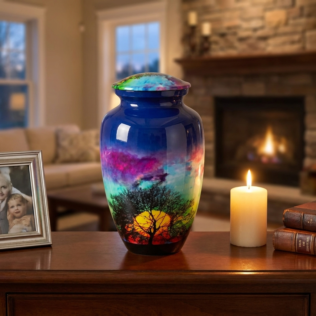 Adult Cremation Urn Sunset and Tree Silhouette with Colorful Sky Design (Product Code: NUTSAS)