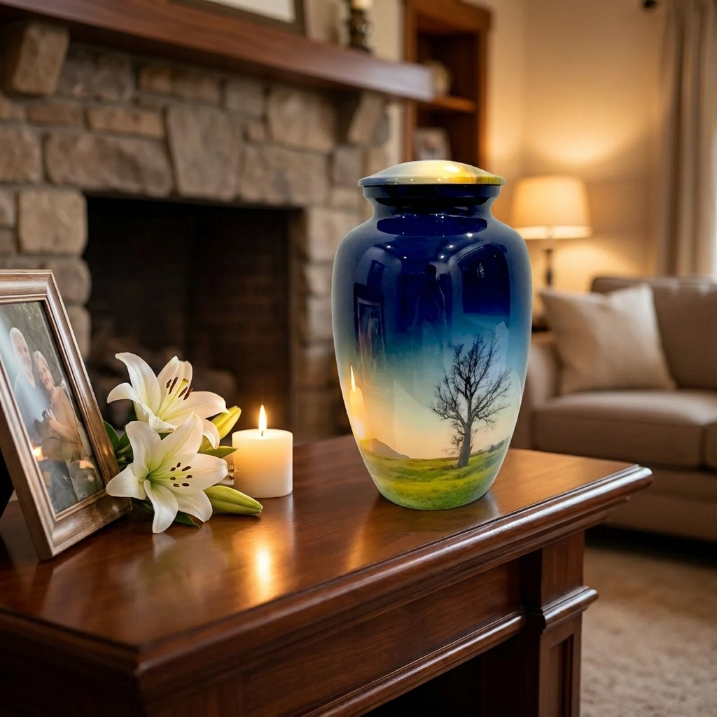 Adult Cremation Urn Tranquil Sunrise with Tree and Meadow Design (Product Code: NUTT)