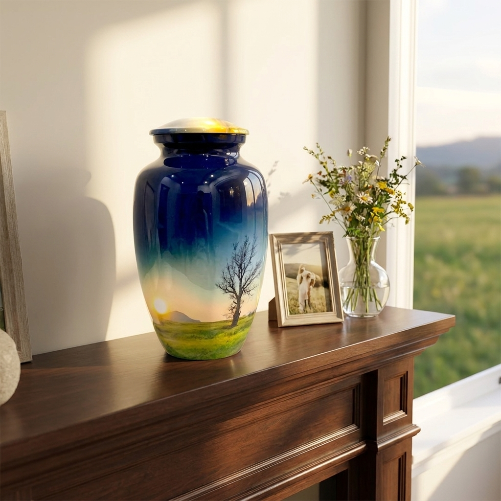 Adult Cremation Urn Tranquil Sunrise with Tree and Meadow Design (Product Code: NUTT)