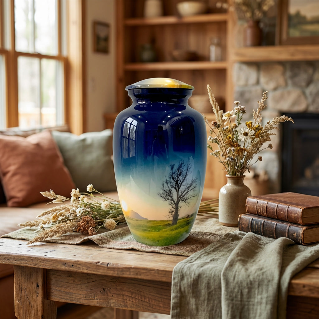 Adult Cremation Urn Tranquil Sunrise with Tree and Meadow Design (Product Code: NUTT)