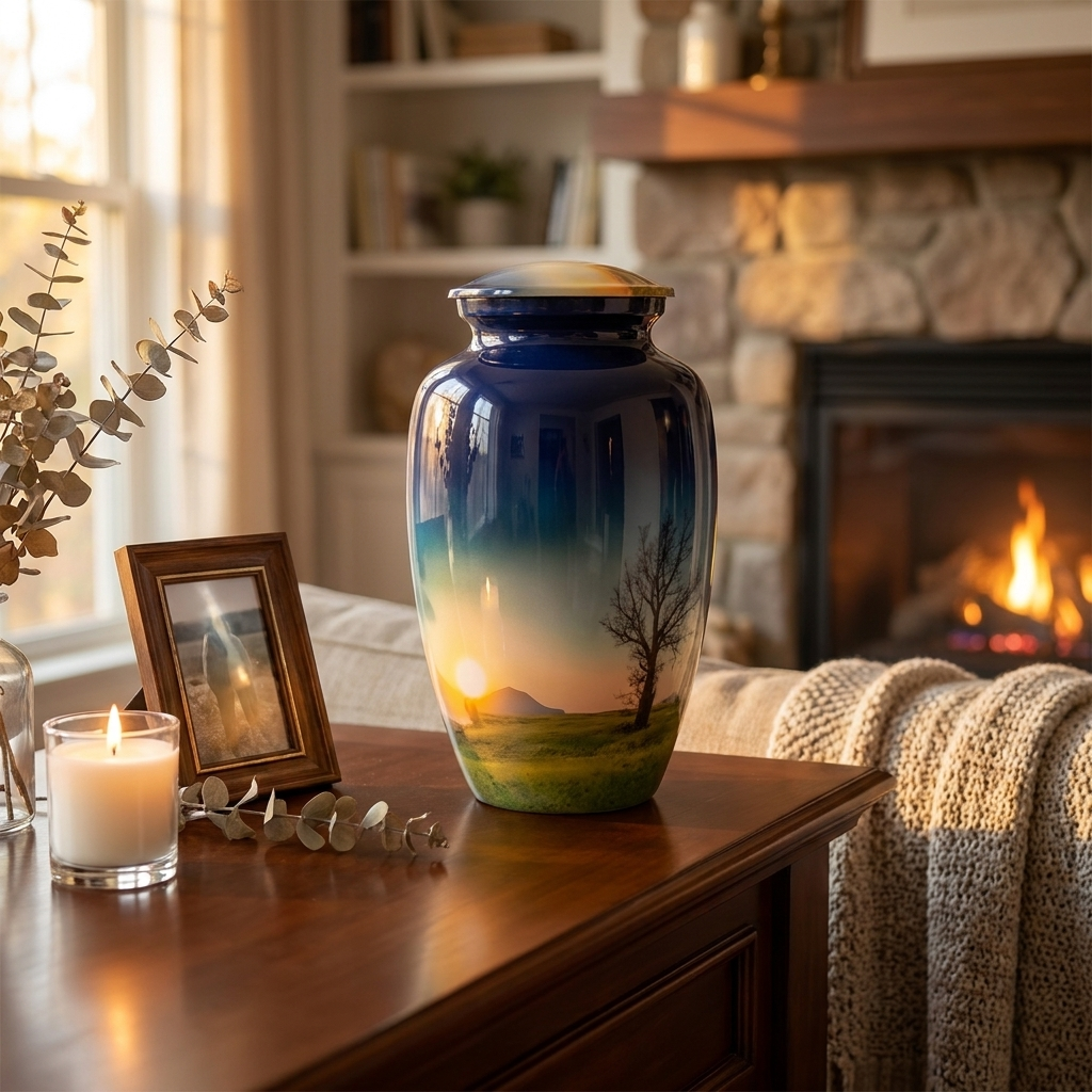 Adult Cremation Urn Tranquil Sunrise with Tree and Meadow Design (Product Code: NUTT)