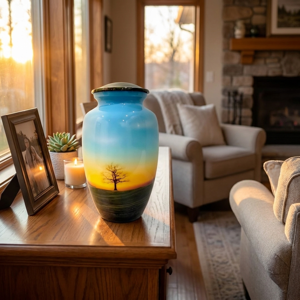 Adult Cremation Urn Tranquil Sunset with Lone Tree Design & Velvet Bag (Product Code NUTTH)