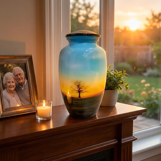 Adult Cremation Urn Tranquil Sunset with Lone Tree Design & Velvet Bag (Product Code NUTTH)